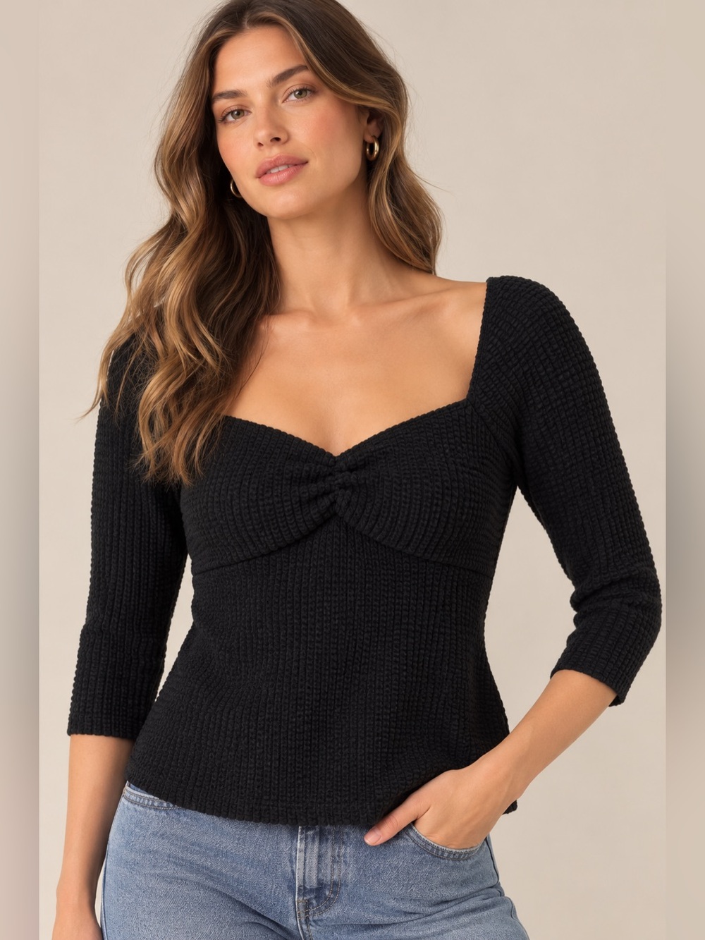 Maeve by Anthropologie Sweetheart Neck Waffle Knit Top — Black — Size M
